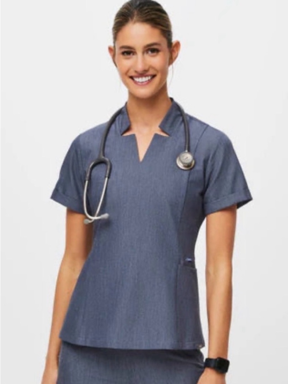 Figs Inala Scrub Top Heather Chambray Medium
